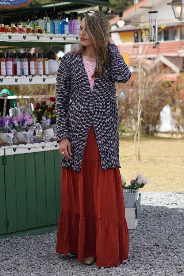 Cardigan alongado preto e branco