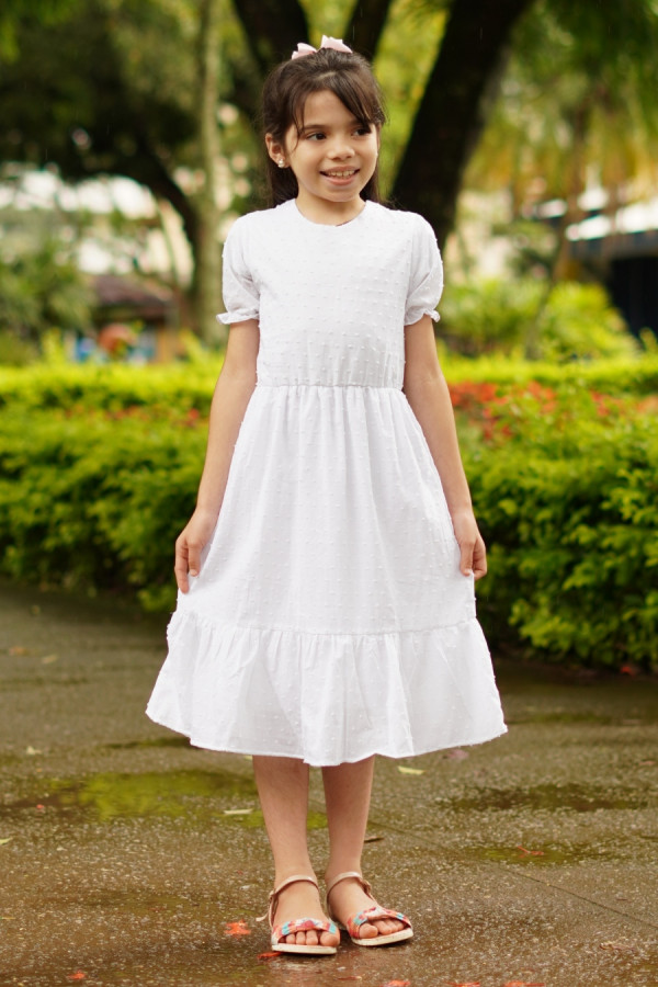 Vestido infantil midi branco pipoquinha