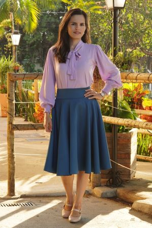 Saia midi godê Santa Zélia azul