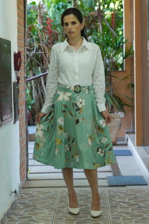 Saia midi verde flores com bolsos