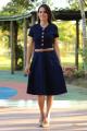 Vestido midi jeans escuro evasê botões